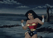 a cartoon of wonder woman flexing her muscles in front of a body of water