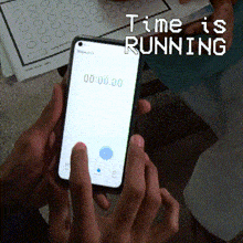 a person is holding a cell phone with the words time is running on the bottom