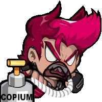 a cartoon character wearing a gas mask and holding a bottle that says copium