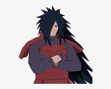 a cartoon character with long black hair and a red armor stands with his arms crossed