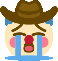 a clown wearing a cowboy hat is crying with tears running down his face .