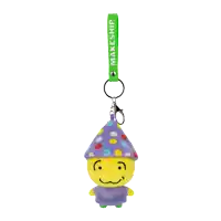 a keychain with a yellow smiley face and a purple hat that says makeship