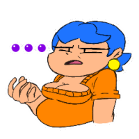 a cartoon of a woman with blue hair wearing an orange shirt and yellow earrings