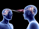 a man and a woman are looking at each other and their brains are lit up