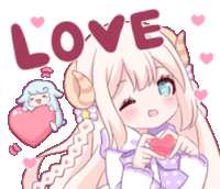 a cartoon girl with horns is holding a heart and the word love is above her head