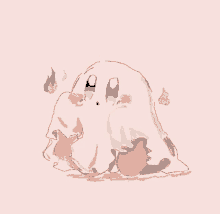 a drawing of a ghost on a pink background with ghosts around it