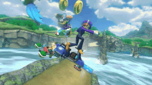 a video game scene with a man in a purple suit riding a skateboard