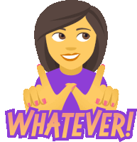 a woman in a purple shirt says whatever with her hands