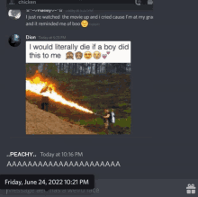 a screenshot of a discord chat with a picture of a man holding a flamethrower