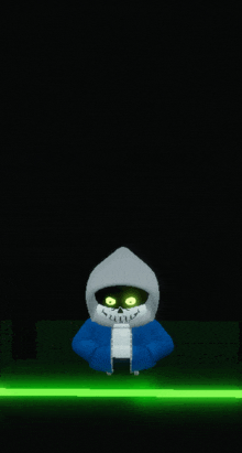 a cartoon skeleton wearing a hood and a blue jacket with green eyes