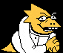 a pixel art drawing of a yellow monster wearing glasses and a white coat .