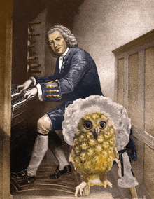 a painting of a man playing a piano with an owl sitting on his lap