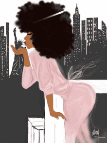 a drawing of a woman blowing a kiss in front of a city skyline