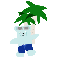 a teddy bear wearing swim trunks and goggles stands next to a palm tree .