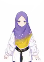 a girl wearing a purple hijab and a white shirt