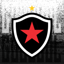 a black shield with a red star on it