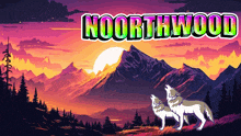 two wolves are howling in front of a mountain and the word northwood