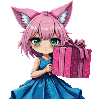 a little girl in a blue dress is holding a pink gift box .