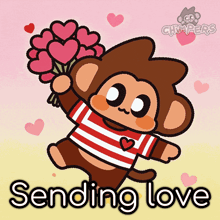 a cartoon of a monkey holding a bouquet of hearts and the words sending love below it