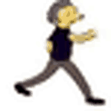 a cartoon character is walking on a white background . he is wearing a black shirt and brown pants .