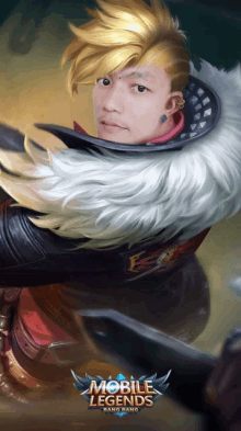 a poster for mobile legends shows a man with a feathered cape