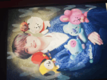 a painting of a boy surrounded by stuffed animals including a stuffed koala bear