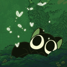 a cartoon cat is laying in the grass with hearts coming out of its eyes .