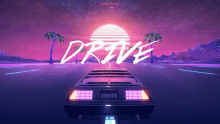 a car is driving down a road with a sunset in the background and the words `` drive '' written on it .