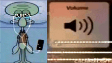 squidward from spongebob is crying while listening to music on his phone