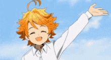 a cartoon girl with orange hair is smiling with her arms outstretched .