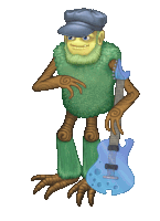 a cartoon monster is holding a blue guitar and wearing a hat