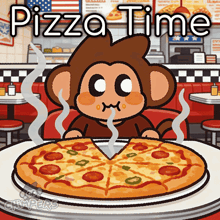 a cartoon of a monkey eating a pizza with the words pizza time written above it