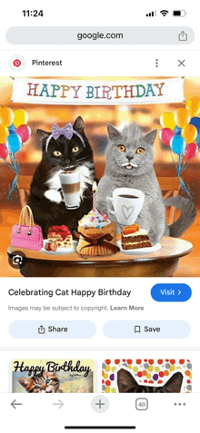 two cats are sitting at a table with cupcakes and drinks and a banner that says happy birthday