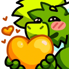 a green cartoon character is holding an orange heart with hearts around it