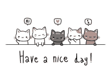 a group of cats are standing next to each other on a white background and saying have a nice day .