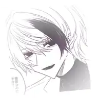 a black and white drawing of a boy with purple hair making a face
