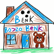 a drawing of a house with the words benk bozo benk