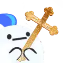 a cartoon snowman is holding a cross with a sad face on it .