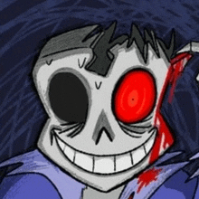 a cartoon drawing of a skeleton with red eyes and blood coming out of his mouth .