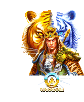 a man in a tiger costume is standing in front of a tiger and the word wigogame is below him