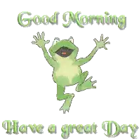 a frog is jumping in the air with the words good morning have a great day below it