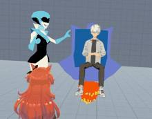 a girl with red hair is standing next to a man sitting on a blue chair