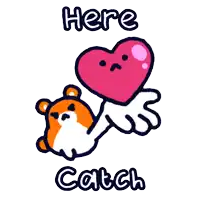 a cartoon of a bear holding a heart with the words here catch above it