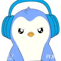 a penguin wearing headphones holds a stop sign