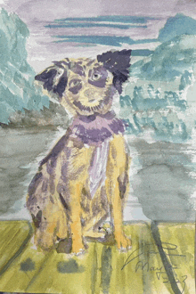 a watercolor painting of a dog is signed by the artist may