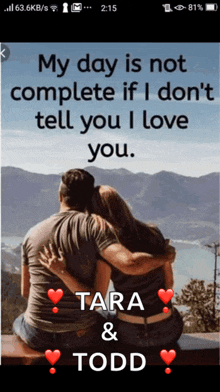 a picture of a man and a woman hugging with the words tara and todd on the bottom