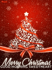 a merry christmas good morning sweetheart card with a christmas tree on a red background