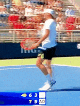 a tennis player holds a tennis racquet in front of a scoreboard that shows the score of 63 to 75 ad