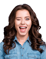 a woman in a denim shirt winks with her mouth open