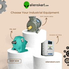 an advertisement for alienskart.com shows a snpc electric motor a pbl amf motor and an emotron ac drive